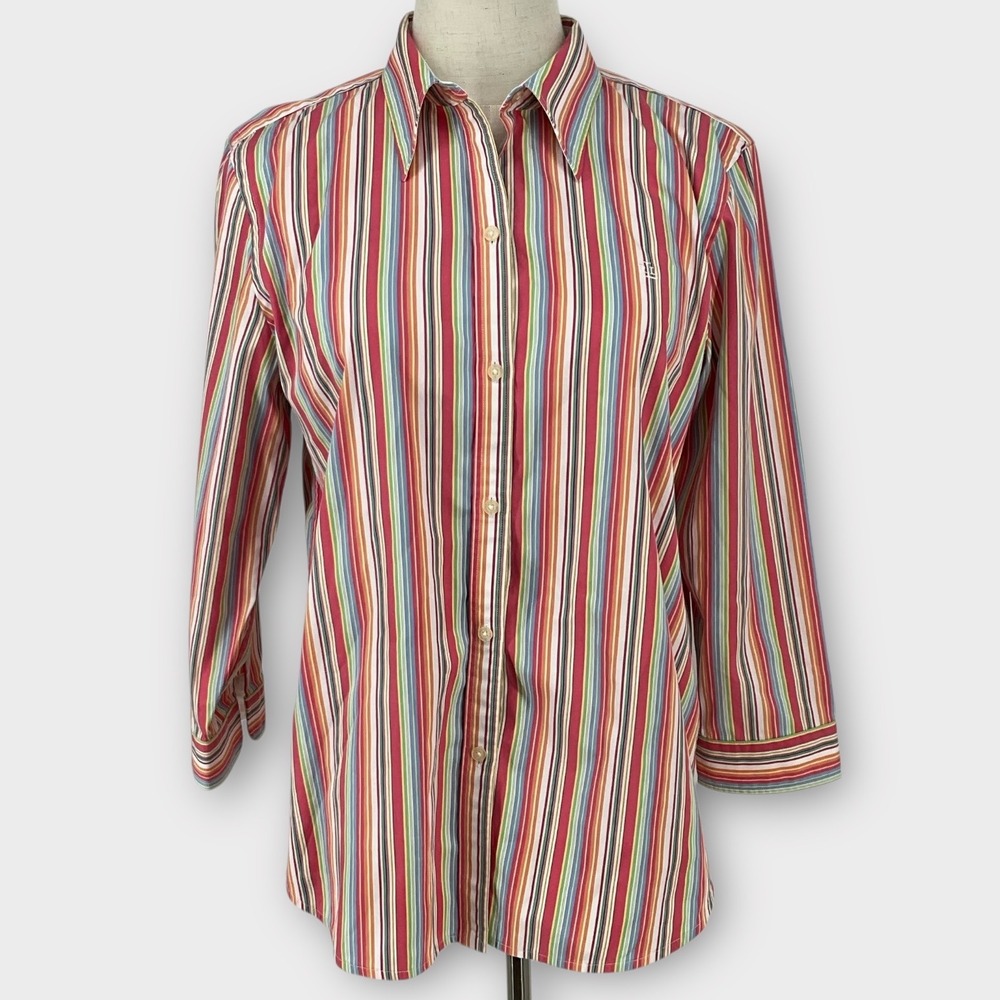 LAUREN Ralph Lauren Womens Striped Button Down Shirt Size L Multi Color Cotton‎